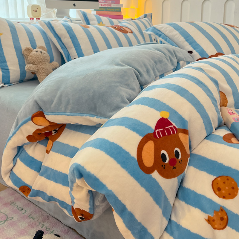 ins卡通风牛奶绒被套单件冬季加厚双面珊瑚法兰绒被罩枕套三件套