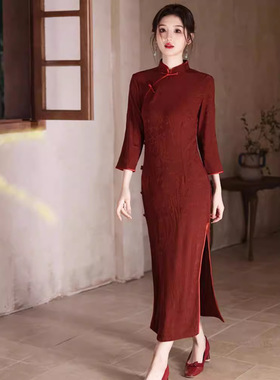 旗袍新款改良复古服新娘长袖红色订婚新中式结婚连衣裙女