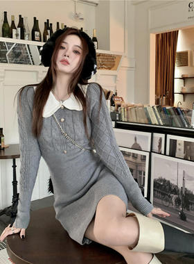 #甜辣毛衣连衣裙女新款收腰辣妹针织包臀裙短裙灰色裙子