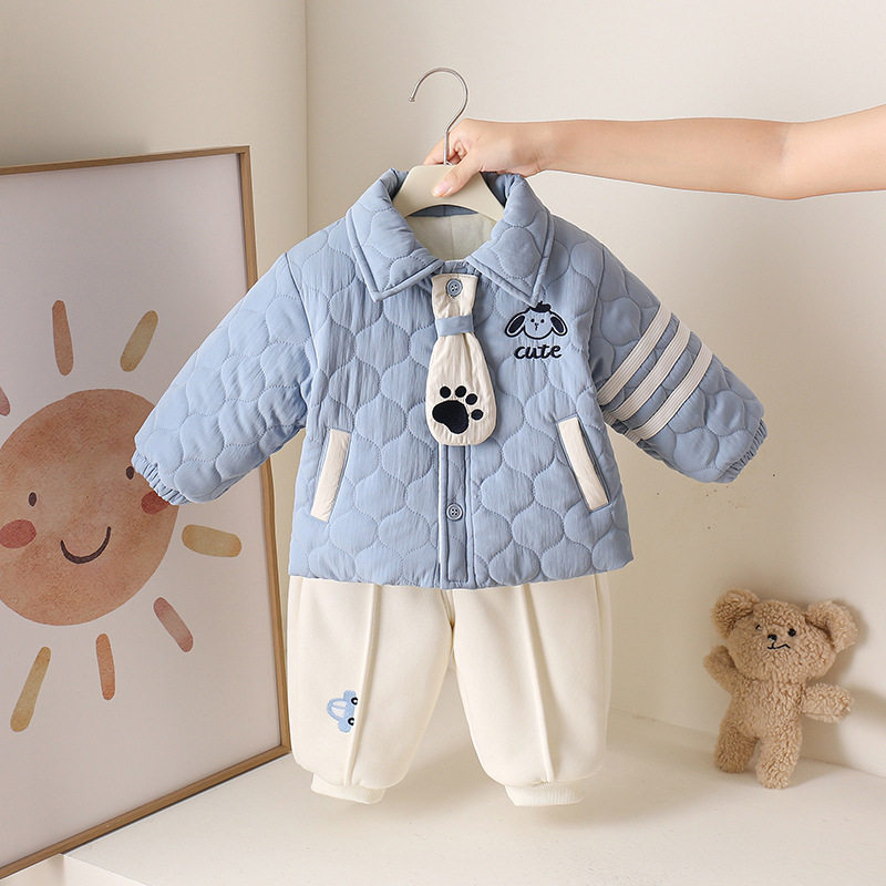 婴儿衣服冬装男宝宝秋冬季夹棉加绒分体两件套装冬款保暖帅气衣服