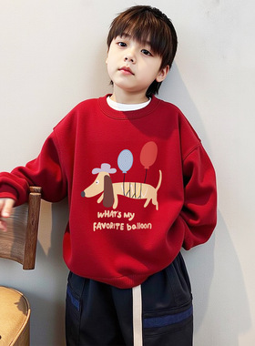 男童圆领卫衣2025新款爆款红色女童上衣儿童秋冬加绒加厚洋气外套