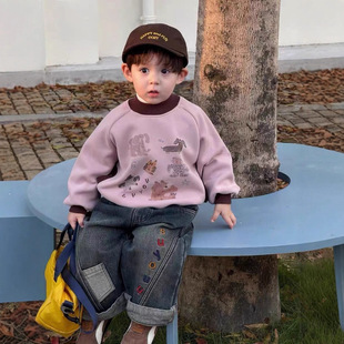 男童卫衣儿童秋冬装2025新款圆领印花保暖打底衫女宝宝休闲上衣潮