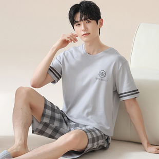 夏季睡衣男士短袖短裤薄款休闲简约宽松加大码男生家居服夏天套装
