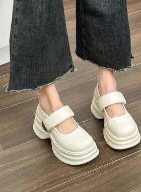 白色魔术贴玛丽珍小皮鞋女2025春秋新款百搭厚底单鞋日系粗跟