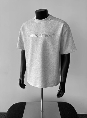 花灰色正肩短袖男款夏季痞帅重磅小领口t恤美式高街cleanfit半袖