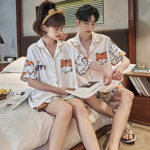 夏季天情侣睡衣女可爱卡通冰丝短袖短裤薄款凉感男外穿家居服套装