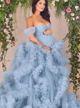 孕妇写真拍照礼服欧美大码前开叉连衣裙蓝色礼服亚马