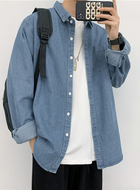 蓝色牛仔长袖衬衫男士春秋季港风痞帅设计感夏装防晒衬衣男生外套