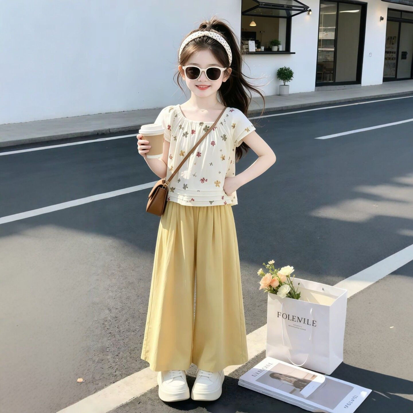 女童夏装薄款雪纺衫长裤两件套2026新款大童韩版短袖T恤裤子套装