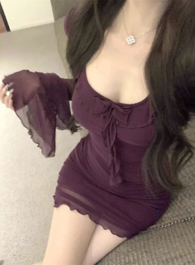 御姐风性感辣妹显身材修身包臀连衣裙紫色漂亮独特绝美小裙子