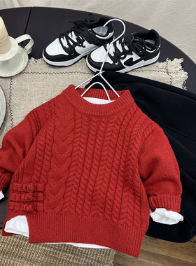 儿童红色针织衫年服男童冬季款打底衫小童过年衣服宝宝毛衣加厚