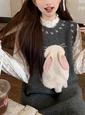 甜美小众叠穿裙子女新款设计感立体小兔子灰色针织背心连衣裙