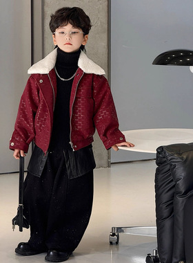 男童宝宝红色皮衣翻领2025秋冬新款加绒保暖儿童皮衣潮范