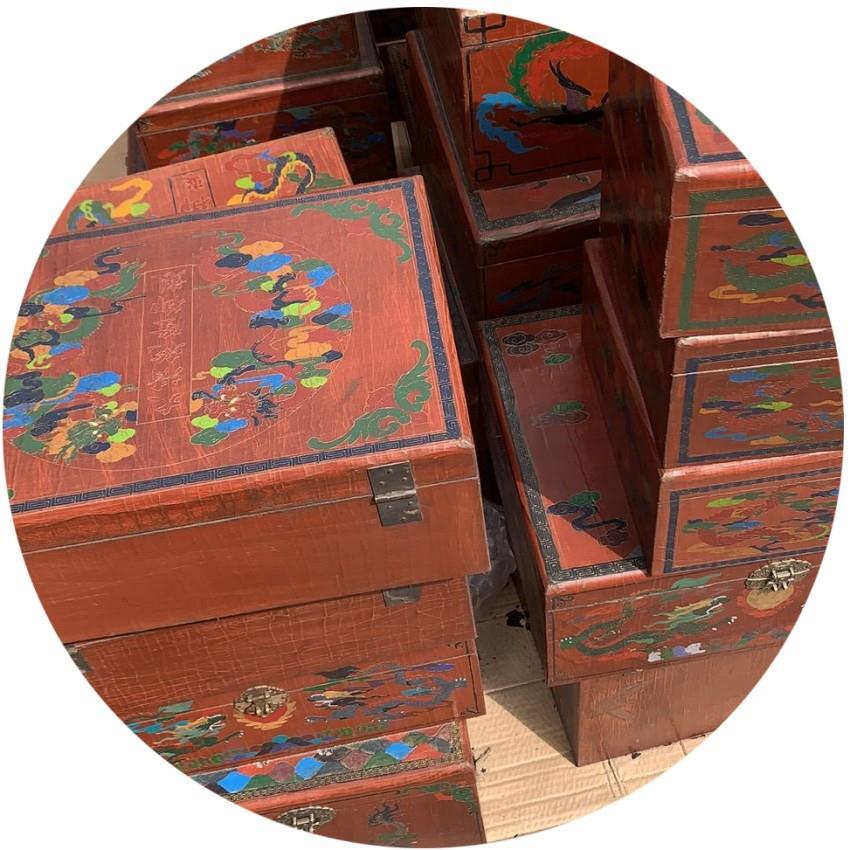 仿古鱼皮漆彩绘木盒包铜皮工艺复古文玩盒贴皮雕漆仿汉字画礼品盒