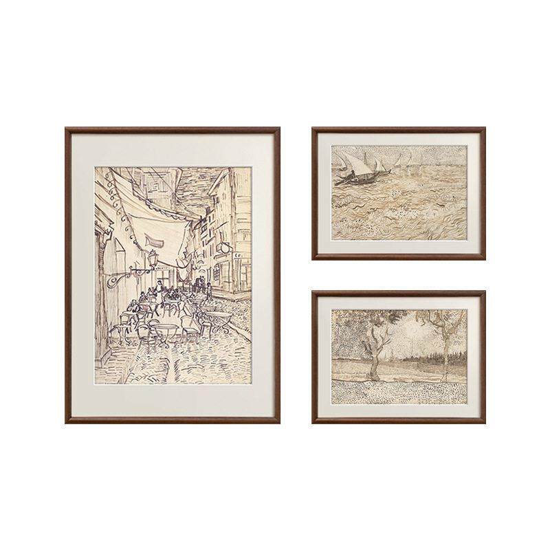 梵素描风景画组合画法式复古艺术客厅装饰画中古风玄关斗柜挂画