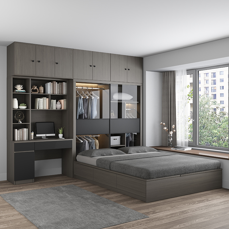 逸恋双人小户型书桌一体衣柜床