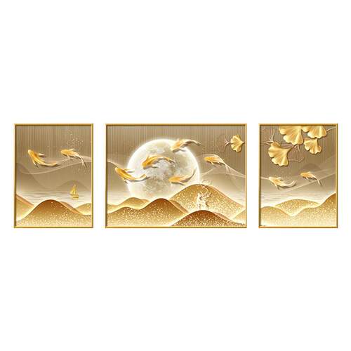 轻奢鱼客厅装饰画现代高端沙发背景墙挂画大气三联画寓意好壁画