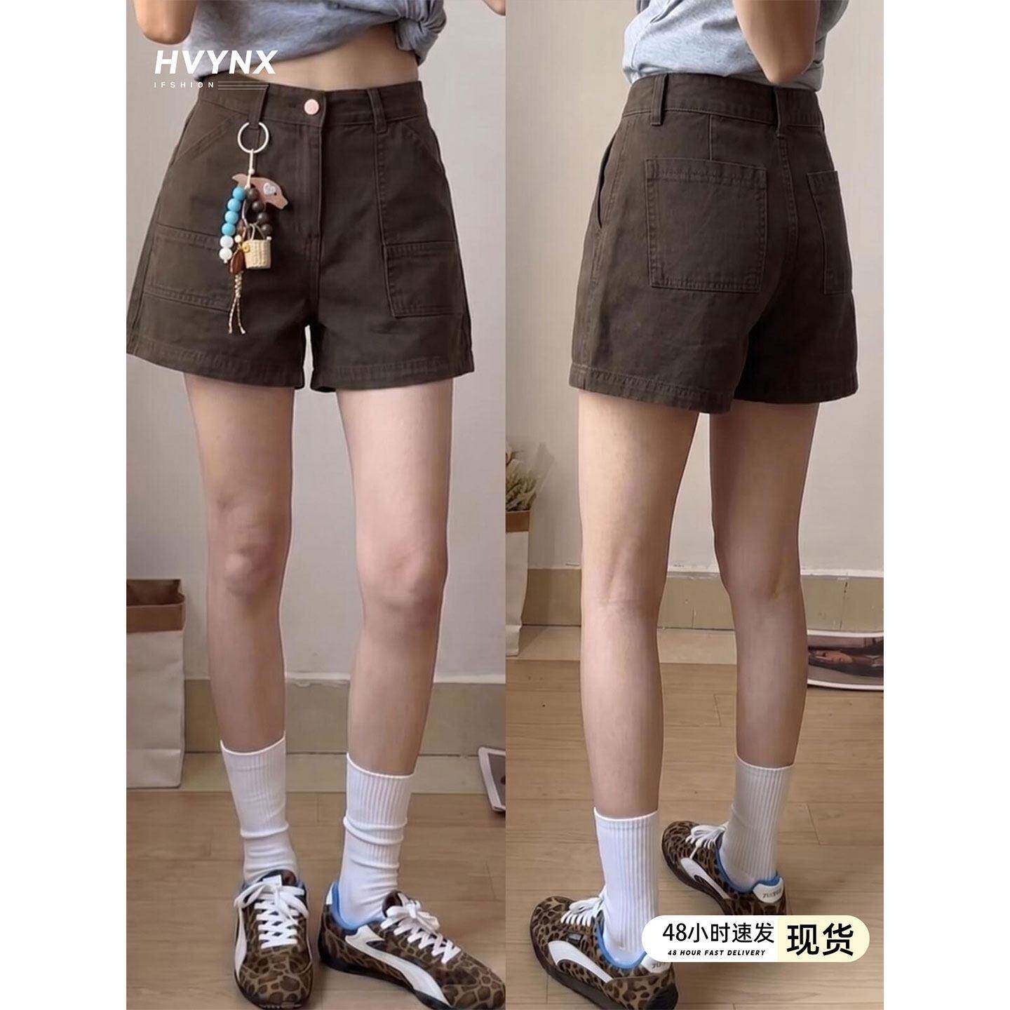美式复古棕咖色工装牛仔短裤女夏季新款辣妹不露屁股高腰a字热裤