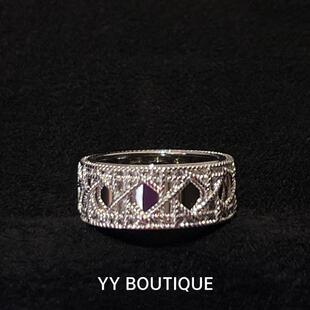 BLUE 不掉色通体925纯银网格纹宽面戒指男女同款情侣对戒中古老钱