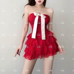 新款 酒吧DS演出服gogo女性感爵士领舞台Dj夜店红色抹胸蓬蓬裙套装