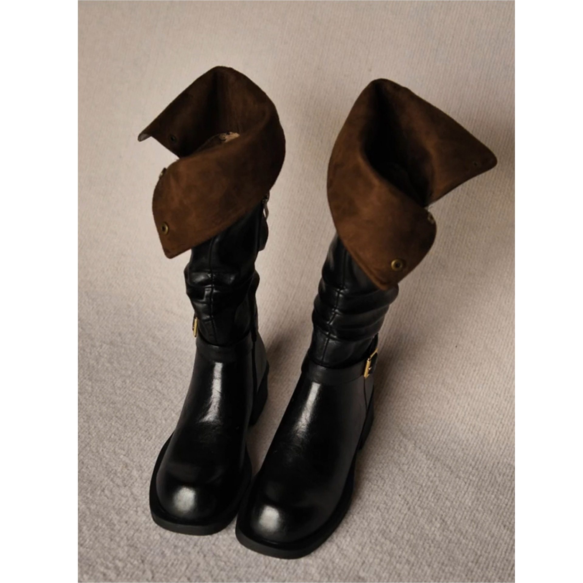 牛皮版~复古西部牛仔靴女圆头金属扣两穿翻领褶皱显瘦粗跟骑士靴,女鞋,骑士靴,淘宝优惠券,粉丝福利购,淘宝优惠卷