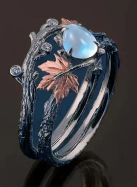 新款复古古董金枝枫叶戒指高级轻奢设计感创意个性派对手饰