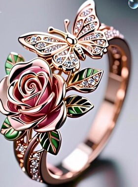 Temu新款花朵滴油开口戒指合金热卖蝴蝶镶钻戒指女士指环饰品配饰