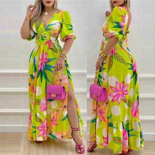 Women& Deep Slit Dre Personality Print Fashion Summer 39;s