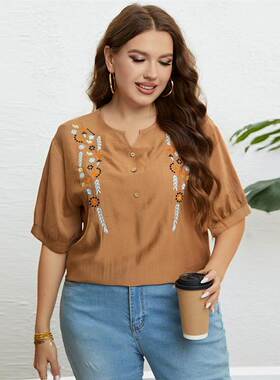 summer plus size casual tops 大码夏季小v刺绣文艺宽松休闲上衣