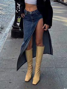 instunning欧美街头复古牛仔半身裙女高腰显瘦性感辣妹高开叉长裙
