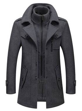 Men Woolen Overcoat Double Collar Casual Trench Coat Male