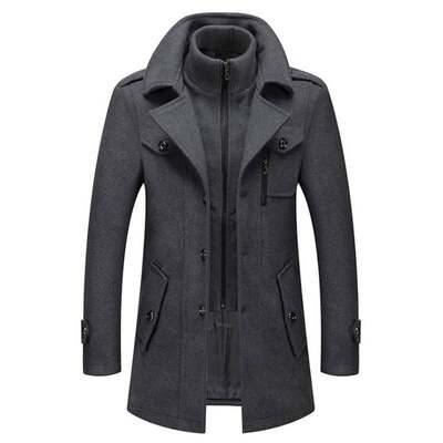 Men Woolen Overcoat Double Collar Casual Trench Coat Male