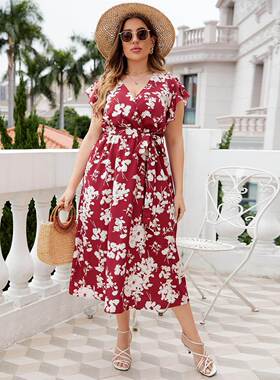 summer flower print women plus size dress 夏季大码显瘦连衣裙