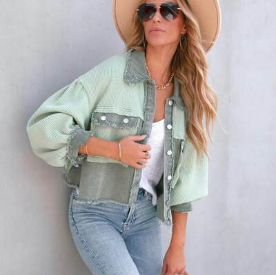 Women's fashion ins waffle denim patchwork loose jacket