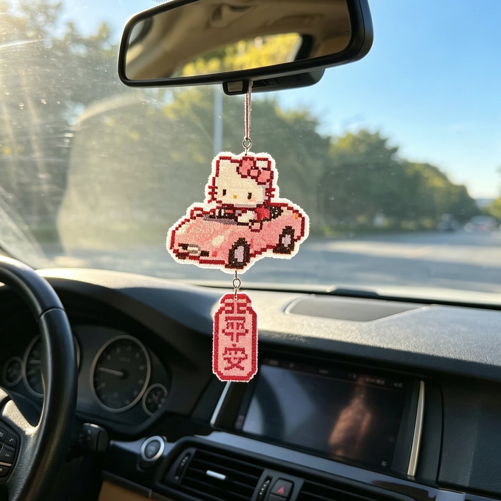拼豆成品Hello Kitty汽车挂件后视镜吊坠可爱少女心车内创意装饰