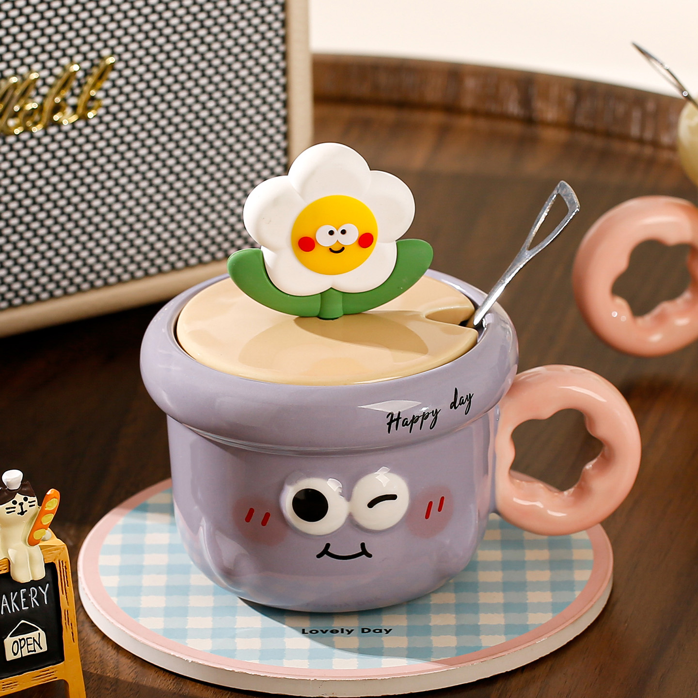 可爱盆栽小花陶瓷马克杯带盖勺