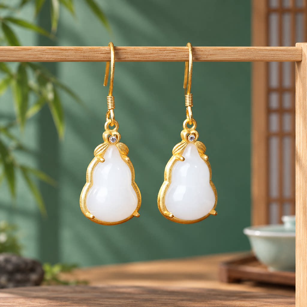 Fleur Reve 新中式线圈连接金属框架耳环白色葫芦吊坠金色耳钩