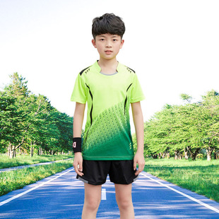 羽毛球服套装儿童运动短袖T恤蓝橙荧光绿色比赛乒乓球衣裤男童女