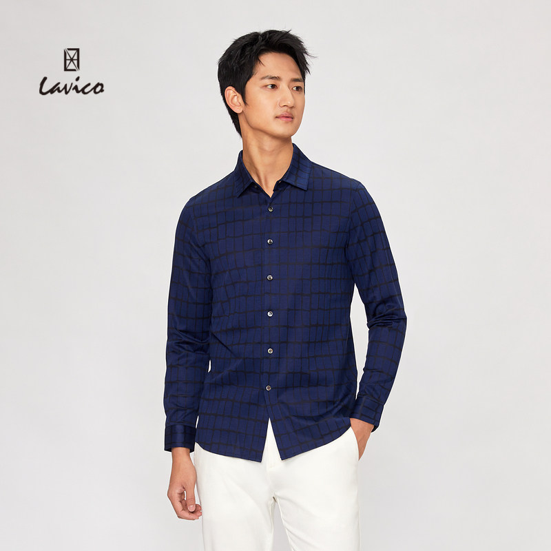 【商场同款&含桑蚕丝】lavico/朗维高男装时尚印花翻领长袖t恤男