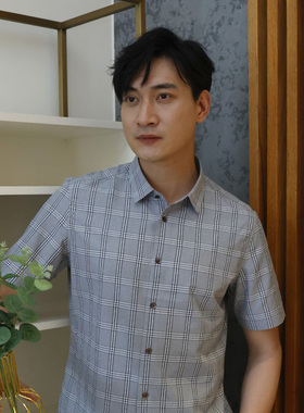 【商场同款】Lavico/朗维高男士短衬浅灰色格纹时尚修身短袖衬衫