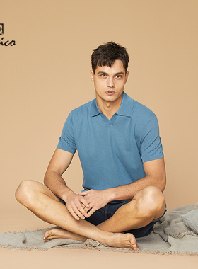 【商场同款】Lavico/朗维高男士灰蓝色商务时尚V字翻领短袖针织衫