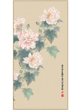 新中式书房禅意挂画牡丹入户玄关竖版装饰画国风茶室客厅过道壁画