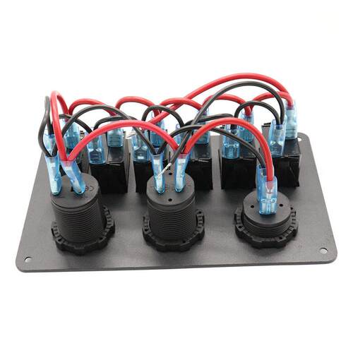 多色汽车船通用12V-24V双USB防水LED灯开关面板电源插座6孔