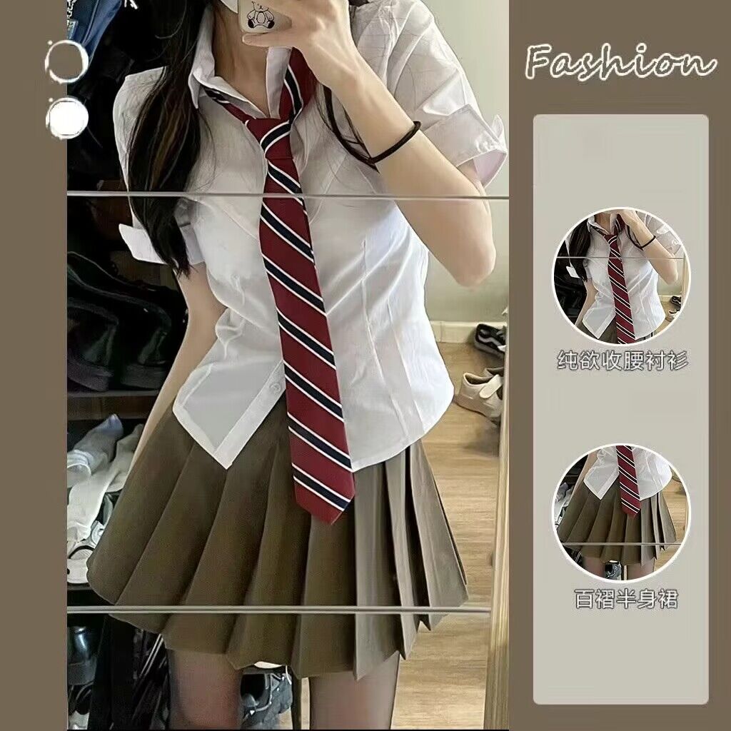 JK制服辣妹收腰短袖大码衬衫女白色纯欲微胖性感学院风春夏穿搭