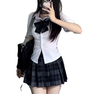 收腰jk制服纯欲白色衬衫女夏大码学院风百搭衬衣格裙百褶裙两件套