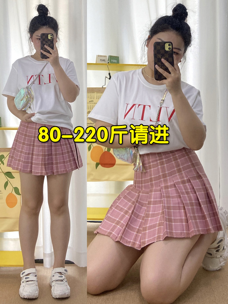 学院风格子jk短裙百褶裙女夏防走光大码胖MM遮胯高腰包臀A字半裙
