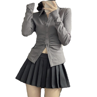 纯欲收腰深灰色衬衫套装裙女春夏jk制服微胖mm炸街裙子大码两件套