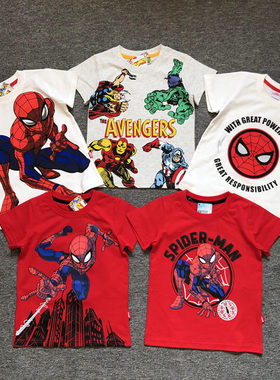 外贸英雄联盟夏男童纯棉短袖打底衫蜘蛛侠钢铁侠雷神美队动漫卡通