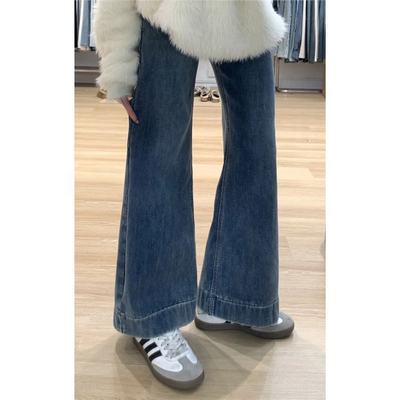 复古加绒微喇牛仔裤女2025秋冬新款高腰显瘦小个子不贴腿喇叭裤子