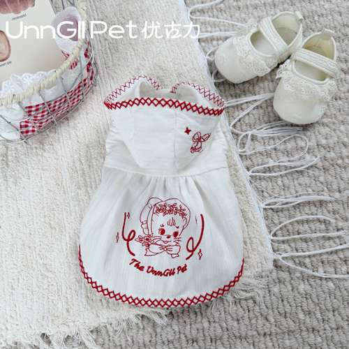 UnnGllPet优古力原创春夏复古昭和风刺绣连帽连衣裙宠物狗衣服